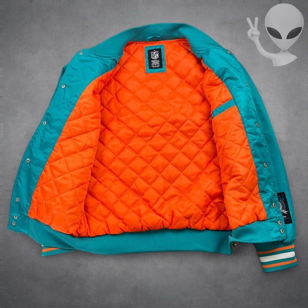 Vintage Starter Miami Dolphins Satin Bomber Jacket Mens Small NFL Aqua Orange - Picture 5 of 8